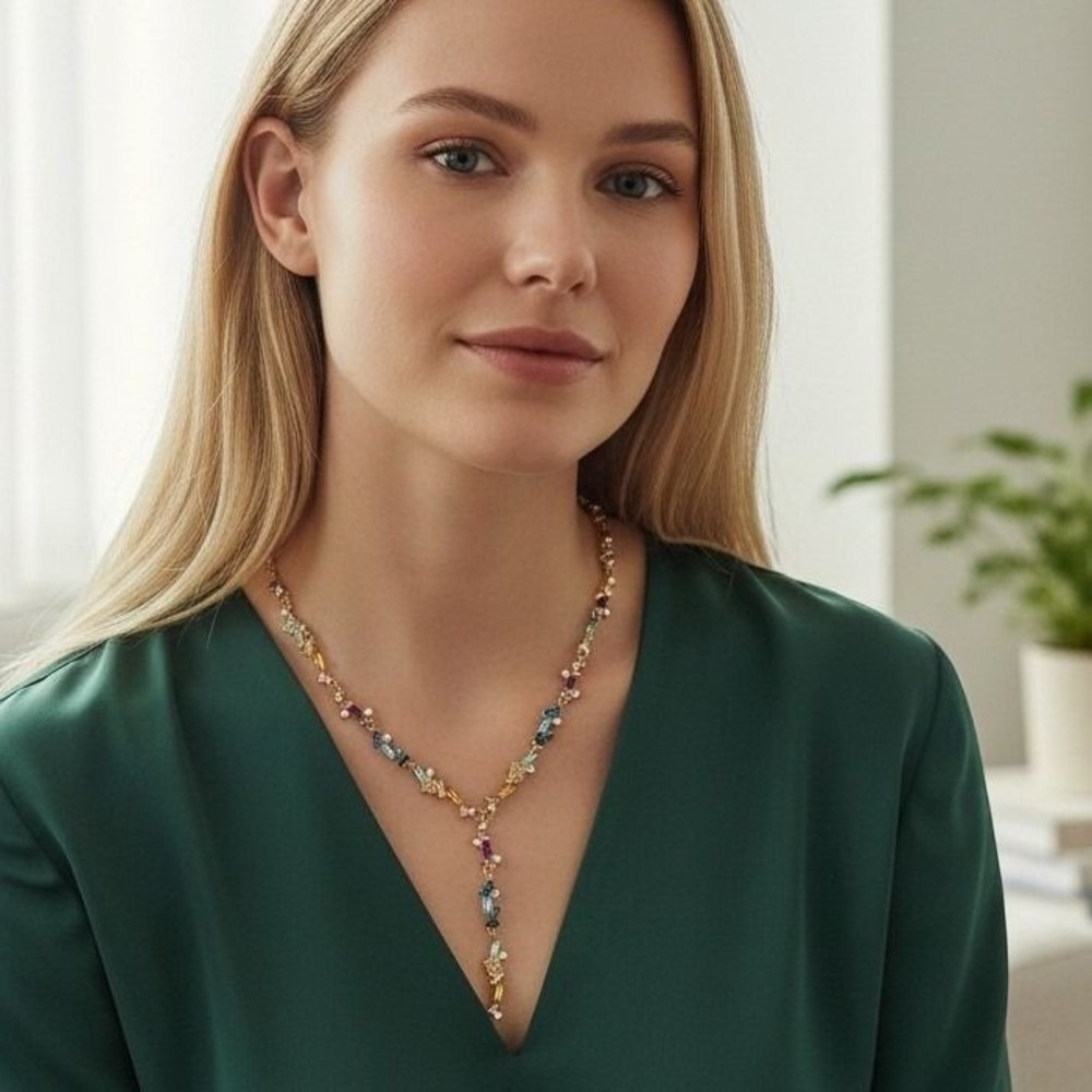 INC Y-Necklace Women OS Gold Multi Color Baguette Crystal Lariat Statement